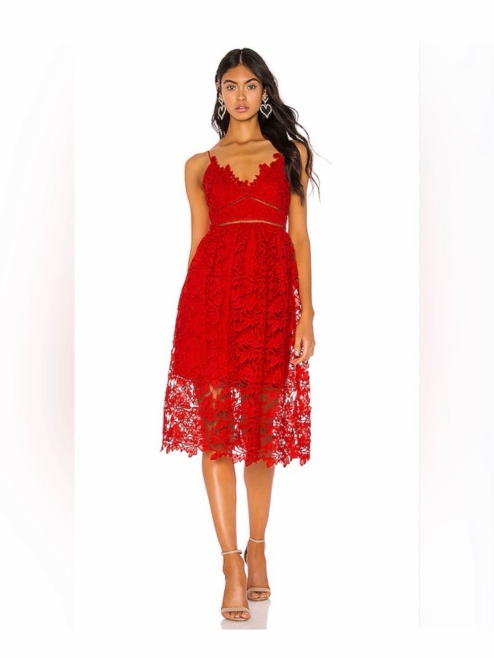 $150 NWT Revolve Bardot Sonya Lace Dress Fire Red Floral Midi Length Eyelet